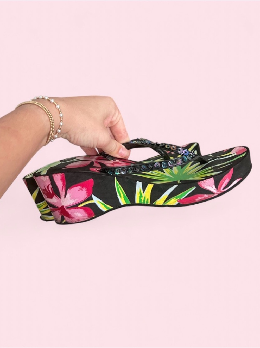 Tropical Floral Platform Flip Flops - Black and Pink with beaded straps size 7/8